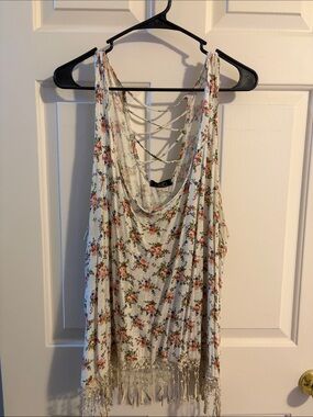 Floral Lace-Up Back Tank Top - White with Pink Floral